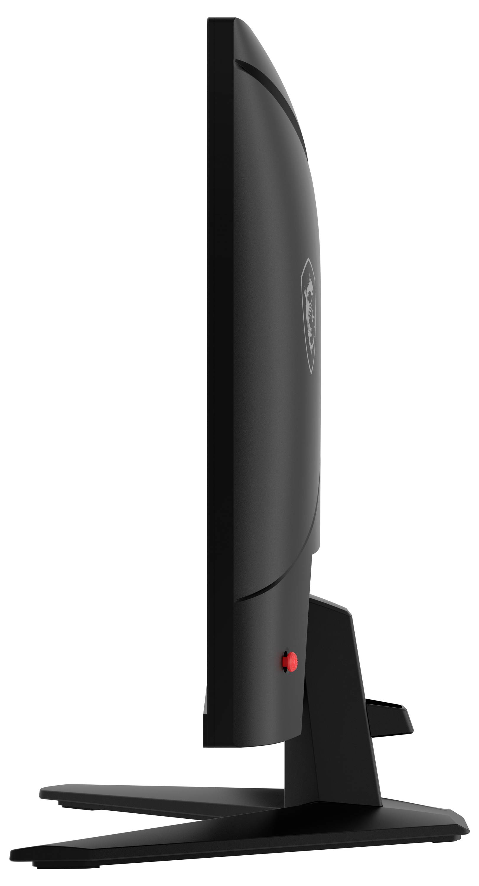 Eine Seitenansicht eines schlanken, schwarzen Computermonitors auf einem Ständer, die sein dünnes Profil und sein modernes Design hervorhebt.