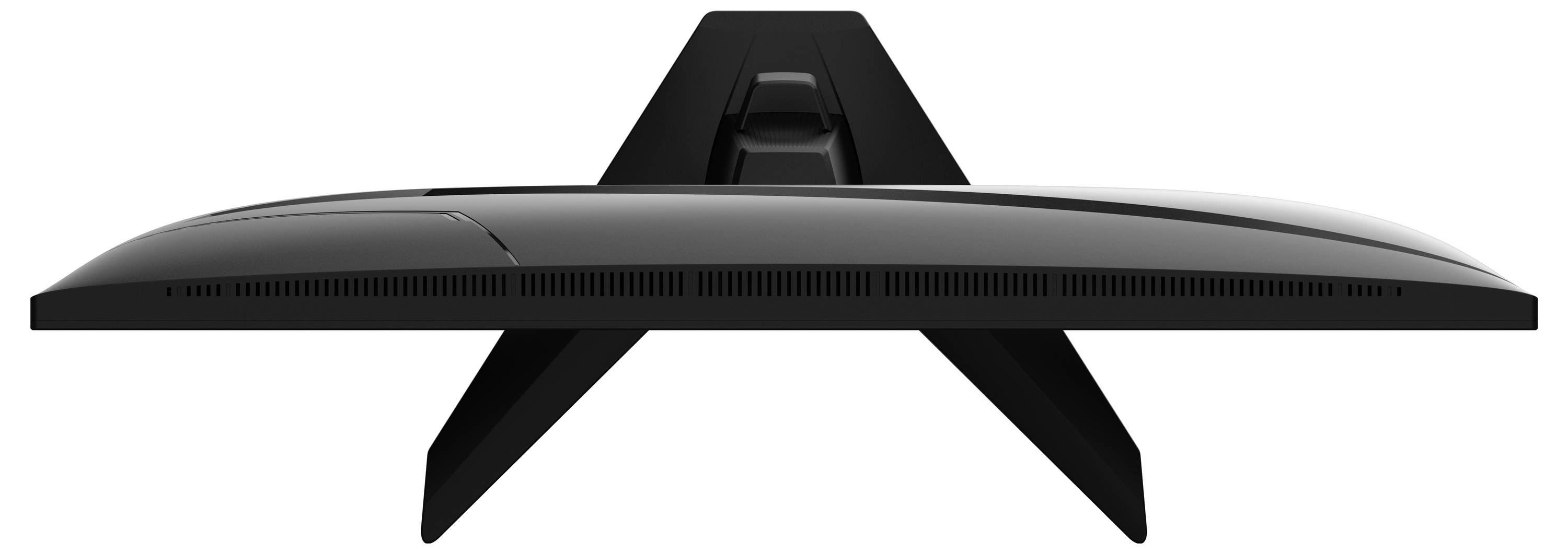 Ein schlanker, moderner Computermonitor aus der Draufsicht, der sein geschwungenes, glänzendes schwarzes Gehäuse und seinen stabilen Ständer zeigt.