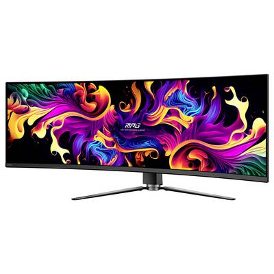 Ultrabreiter gekrümmter Monitor, der lebendige, abstrakte Farbwirbel zeigt, ideal für immersive visuelle Erlebnisse oder künstlerische Darstellungen.