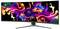 Ultrabreiter gekrümmter Monitor, der lebendige, abstrakte Farbwirbel zeigt, ideal für immersive visuelle Erlebnisse oder künstlerische Darstellungen.