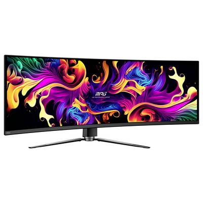 Ein breiter, geschwungener Gaming-Monitor, der lebendige, abstrakte, wirbelnde Farben zeigt. Der Text in der Mitte liest sich: "MSI High Performance Gaming."