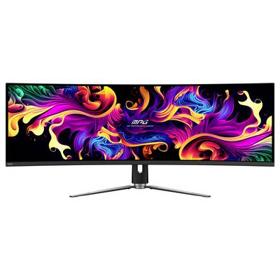 Ein ultrabreiter gekrümmter Monitor, der lebendige, wirbelnde abstrakte Farben zeigt, mit dem Text 'MPG' in der Mitte.