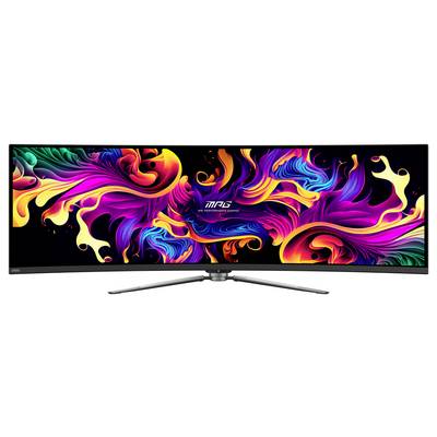 Ein breiter, geschwungener Gaming-Monitor, der lebendige, abstrakte, farbenfrohe Wirbel auf dem Bildschirm zeigt, mit einem schlanken silbernen Ständer am unteren Ende.
