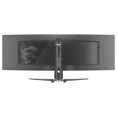 Rückansicht eines breiten, gebogenen MSI-Computermonitors mit einem Drachendesign auf dem Rückpanel, ausgestattet mit einem geschwungenen Ständer.