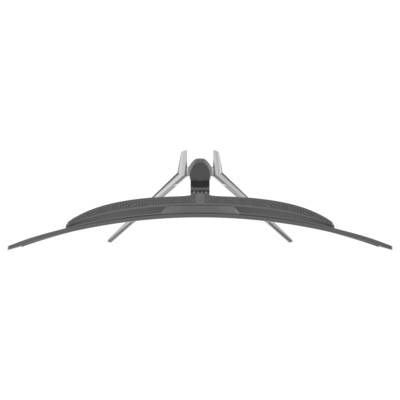 Ein schlanker, gebogener Monitor, von oben betrachtet, der sein minimalistisches Design und seinen robusten Ständer zeigt, passend für moderne Computeraufbauten.