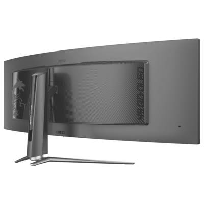 Ein schlanker, ultrabreiter MSI-Monitor, von hinten betrachtet, mit einer geschwungenen Form und verstellbarem Ständer, der moderne Technologie und Stil andeutet.