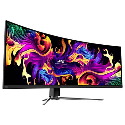 Ein vibranter, ultrabreiter gebogener Gaming-Monitor, der abstrakte Kunstwerke in leuchtenden Farben zeigt. Das zentrale Logo liest sich "MSI". Entwickelt für immersive Spielerlebnisse.
