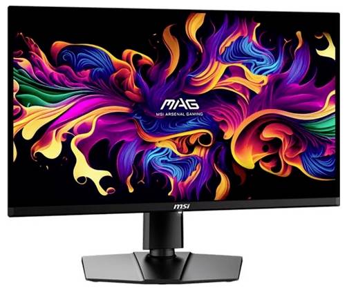 Ein farbenfroher Computermonitordisplay mit abstrakten, wirbelnden Mustern in lebendigen Farben, mit dem Logo des 'MSI MAG Arsenel Gaming' in der Mitte.