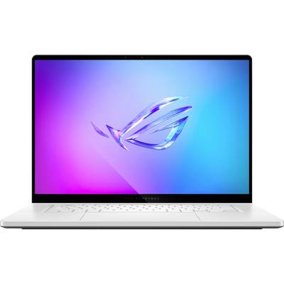Ein schlanker weißer Laptop mit einem leuchtenden Bildschirm, der ein stilisiertes 'ROG' Logo auf einem Farbverlaufshintergrund in Blau und Rosa zeigt.