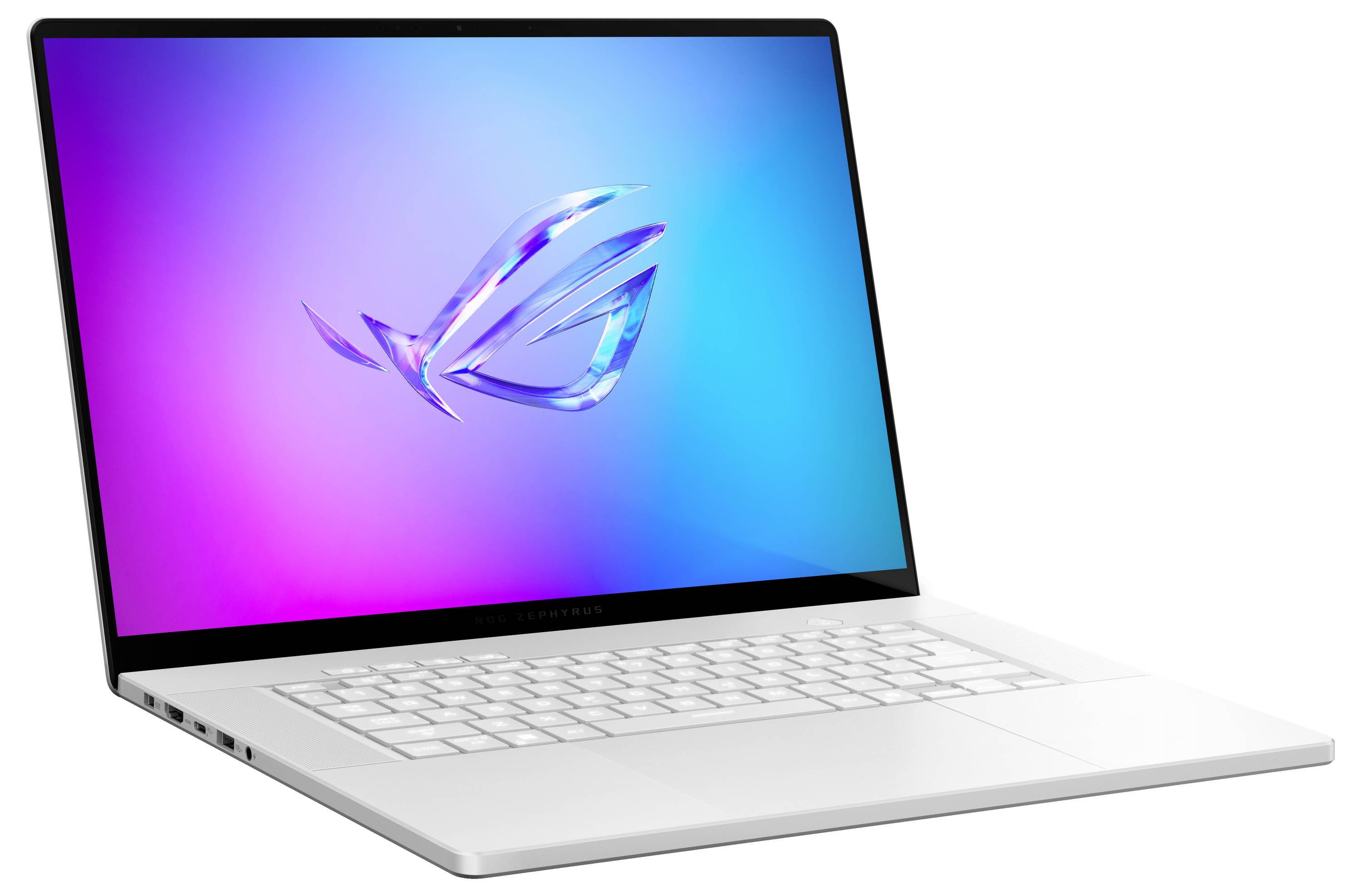 Ein schlankes, offenes Laptop mit einem leuchtenden Verlaufsdisplay, auf dem ein stilisiertes Logo zu sehen ist. Das Laptop verfügt über eine weiße Tastatur und dünne Displayränder.