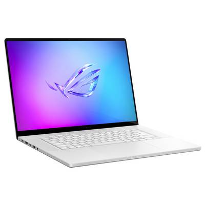 Ein schlankes, offenes Laptop mit einem leuchtenden Verlaufsdisplay, auf dem ein stilisiertes Logo zu sehen ist. Das Laptop verfügt über eine weiße Tastatur und dünne Displayränder.