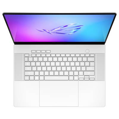 Eine Draufsicht auf einen offenen Laptop mit einem Verlaufsbildschirm, der ein stilisiertes Logo in der Mitte zeigt. Die Tastatur ist deutlich sichtbar.