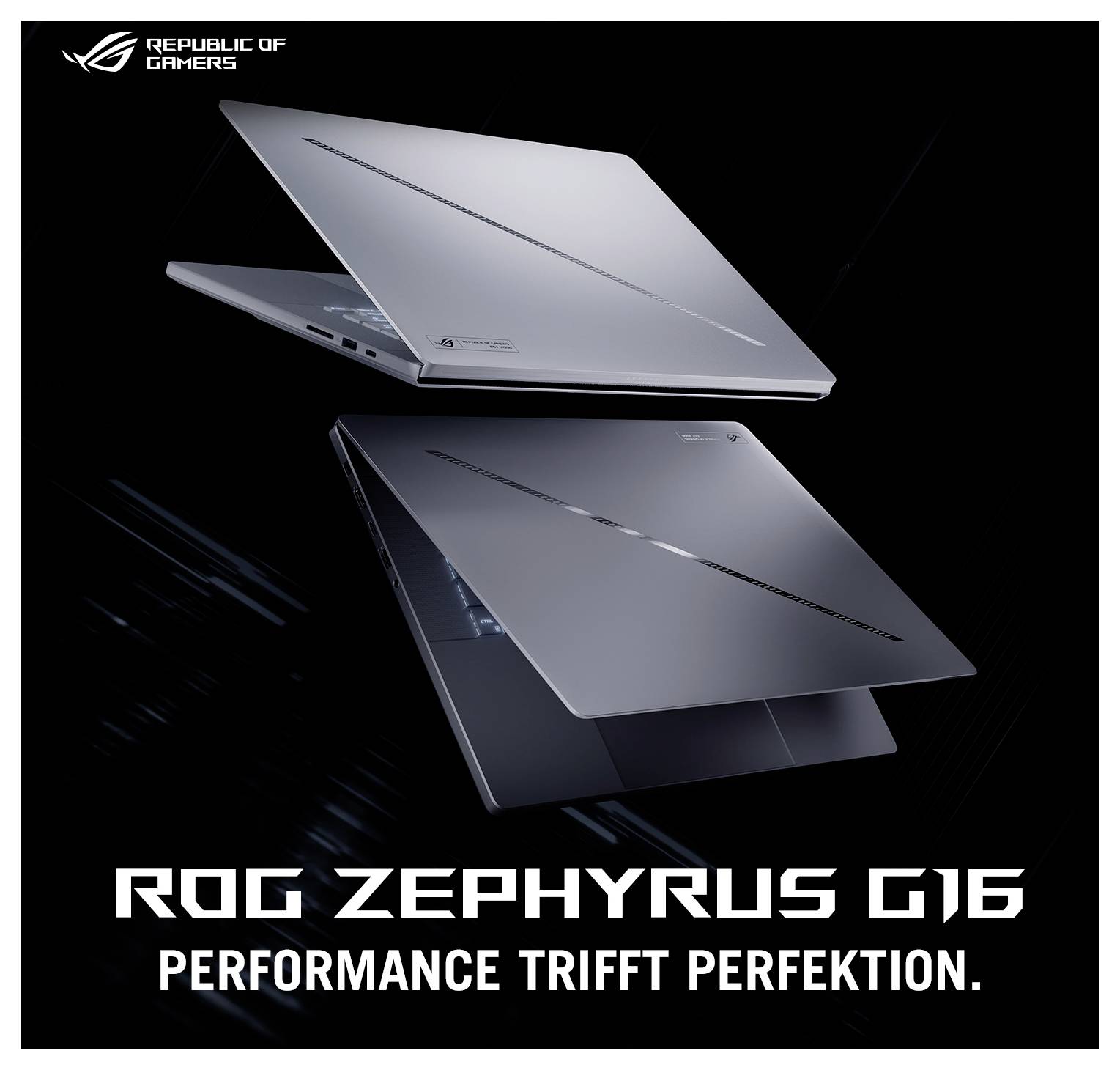 Laptops in geöffneter und geschlossener Position, die das design des ROG Zephyrus G16 hervorheben. Text lautet: 'Performance trifft Perfektion.'"