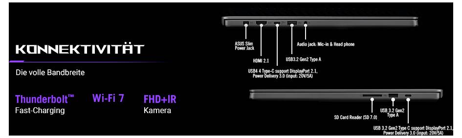 Laptop-Konnektivitätsfunktionen: Thunderbolt, WLAN 7, FHD+IR-Kamera und Anschlüsse einschließlich USB-C, Audioausgang, HDMI und SD-Kartenleser.