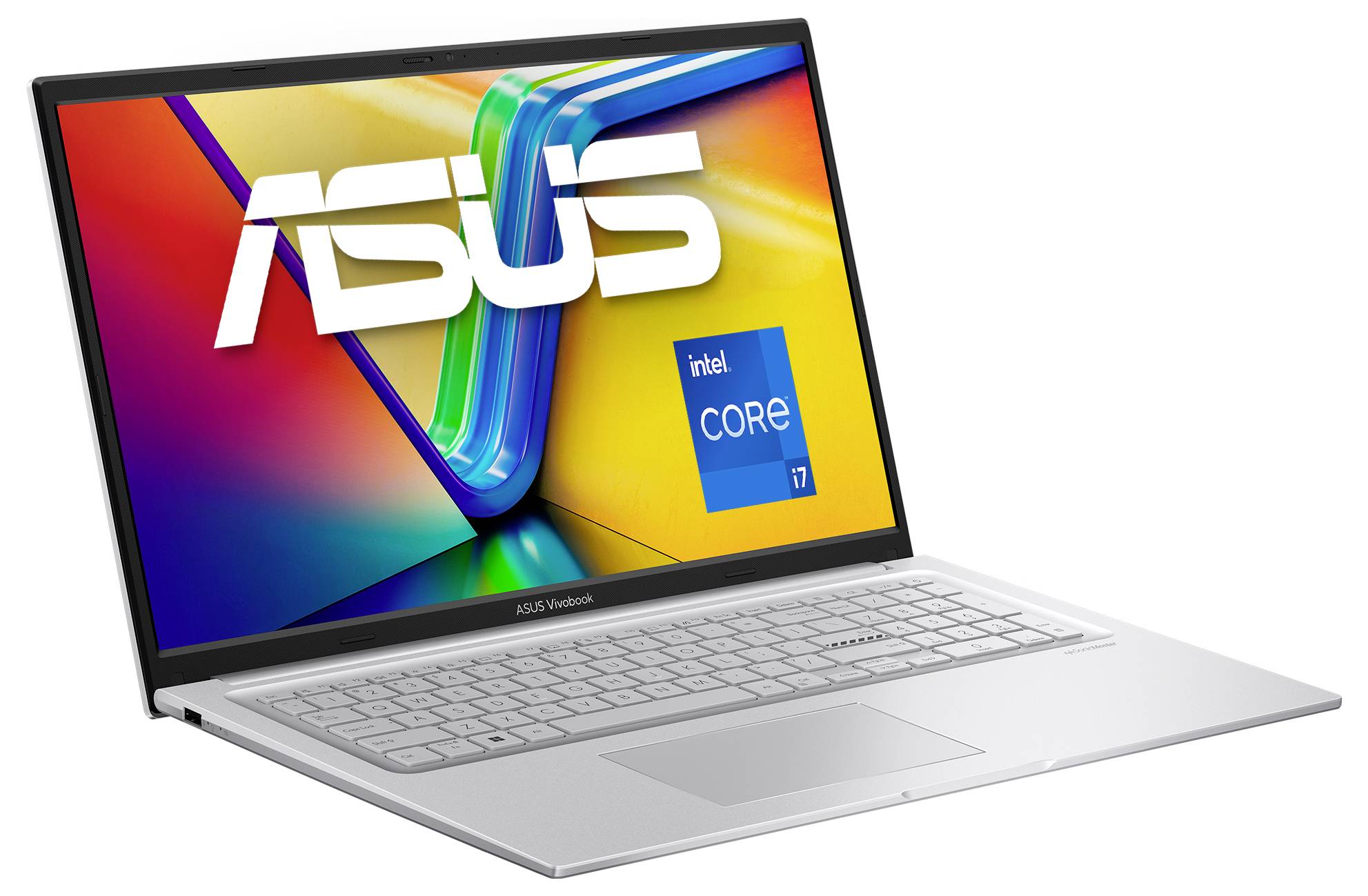 Ein silbernes ASUS VivoBook-Laptop zeigt einen bunten Bildschirm mit dem 'ASUS'-Logo und dem 'Intel Core i7'-Abzeichen, was seinen Prozessor hervorhebt.