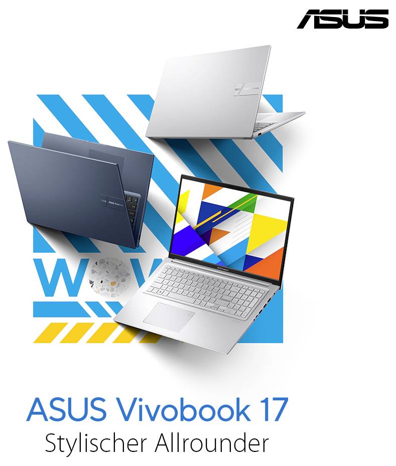 ASUS Vivobook 17 Werbebild mit drei Laptops mit farbenfrohen Bildschirmen vor einem geometrischen Hintergrund. Text lautet: 'Stylischer Allrounder'.