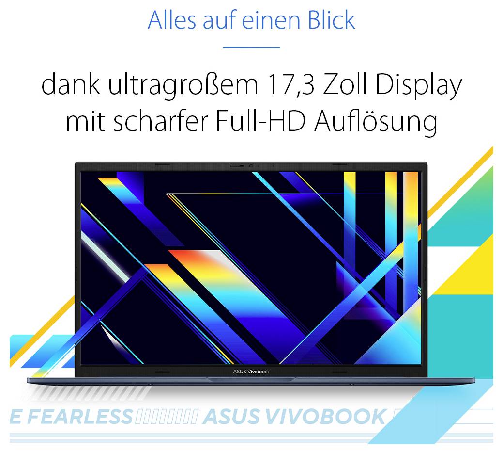 Ein Laptop mit einem lebhaften Display, das abstrakte geometrische Muster zeigt. Text liest sich: 'Alles auf einen Blick' und 'dank ultragroßem 17,3 Zoll Display mit scharfer Full-HD Auflösung'.