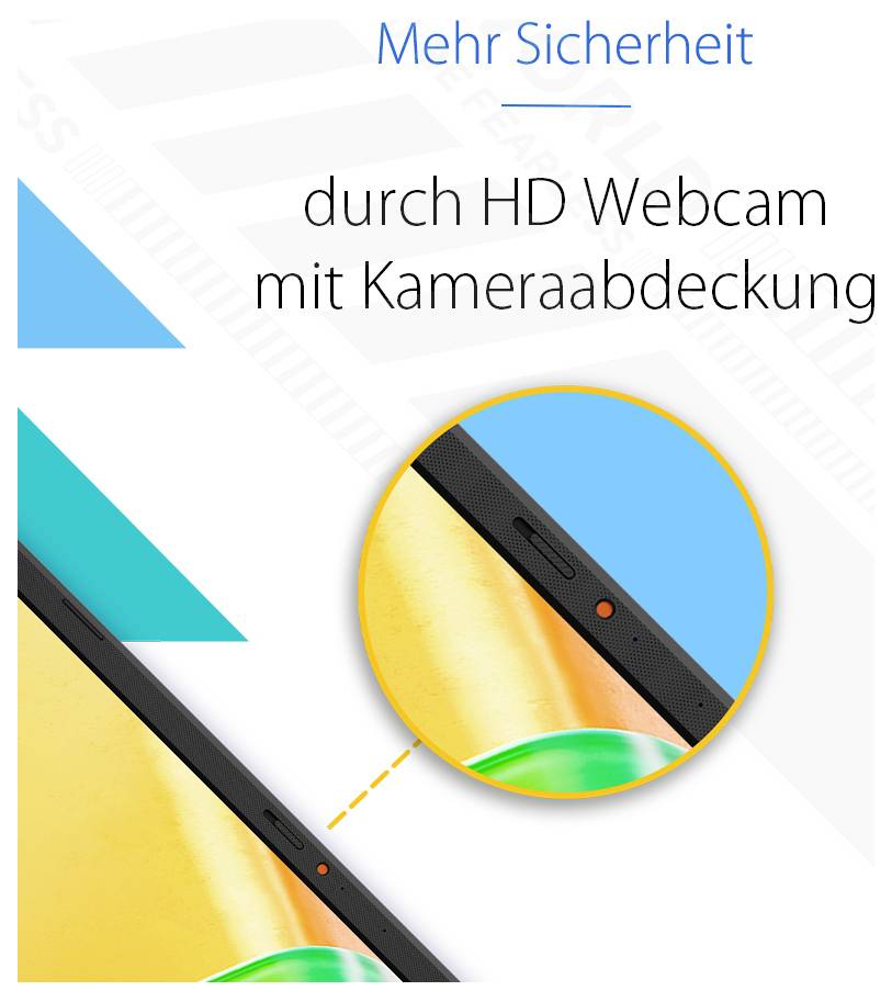 HD-Webcam mit Abdeckung für erhöhte Sicherheit; Nahaufnahme einer Webcam mit einem Schieber, der die Linse verdeckt; Text: 'Mehr Sicherheit durch HD Webcam mit Kameraabdeckung'.