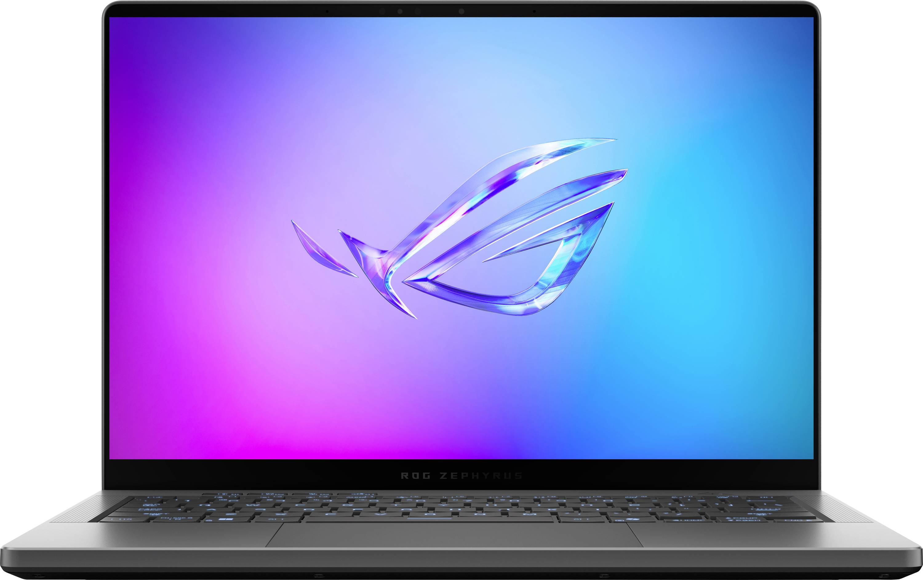 Ein schlanker Laptop mit einem lebendigen Blau-Rosa-Verlaufsdisplay, auf dem ein stilisiertes Logo zu sehen ist. Das Gerät verfügt über eine schlanke, schwarze Tastatur.