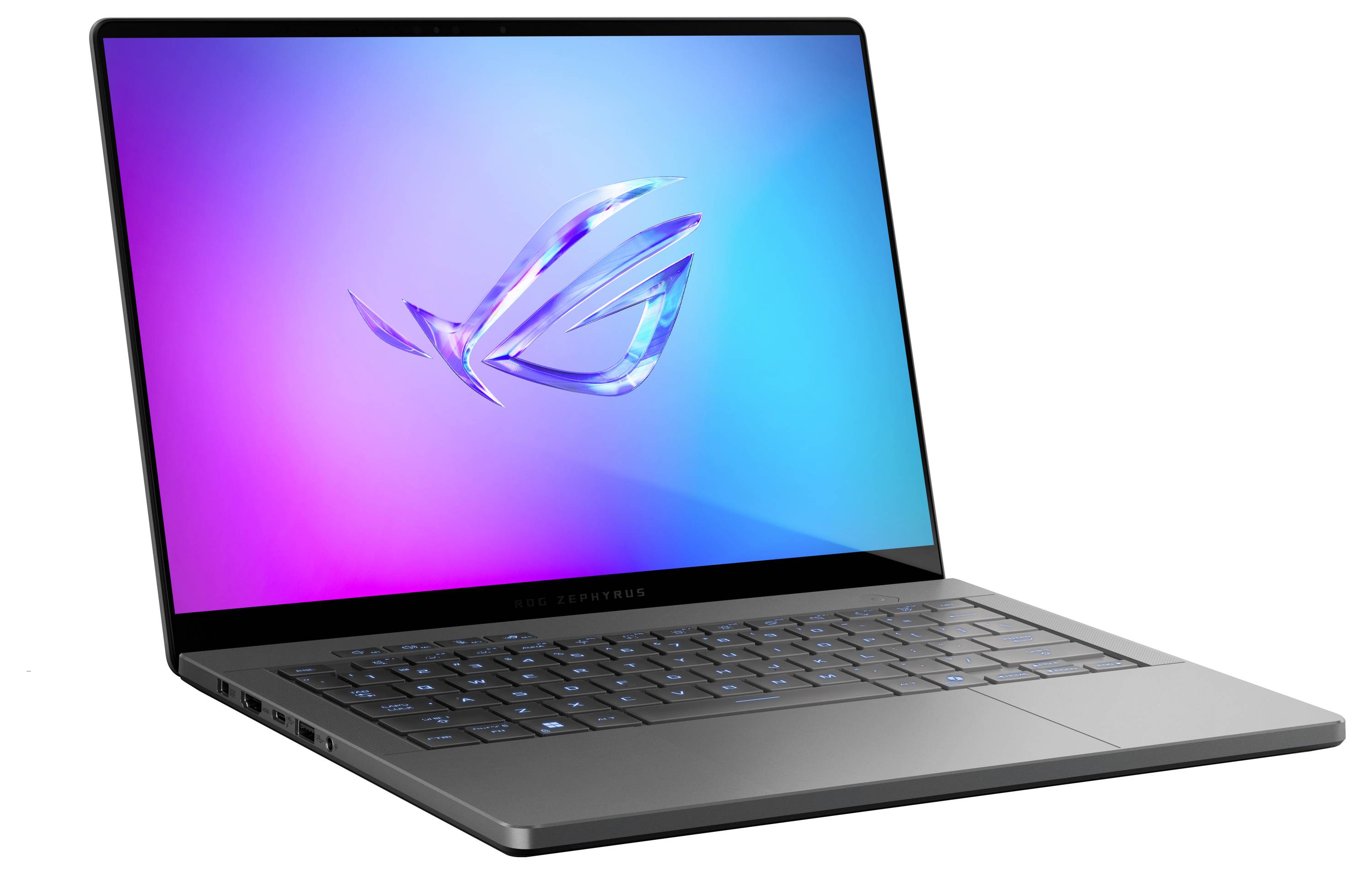 Ein schlanker, offener Laptop mit einem leuchtenden Bildschirm und einer beleuchteten Tastatur, der ein farbenfrohe Logo auf einem Farbverlaufshintergrund in Blau und Rosa zeigt.