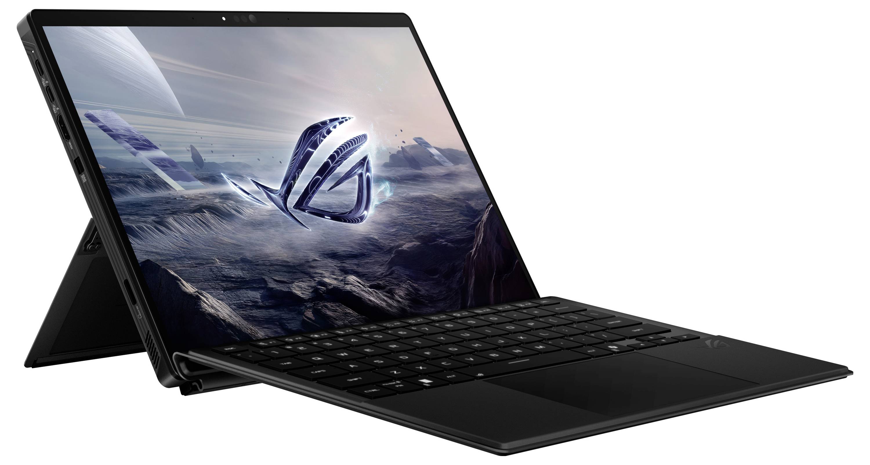 Ein schlanker, schwarzer Laptop mit abnehmbarer Tastatur und einem Bildschirm, der eine futuristische Landschaft und ein Logo zeigt, steht auf einem Ständer.