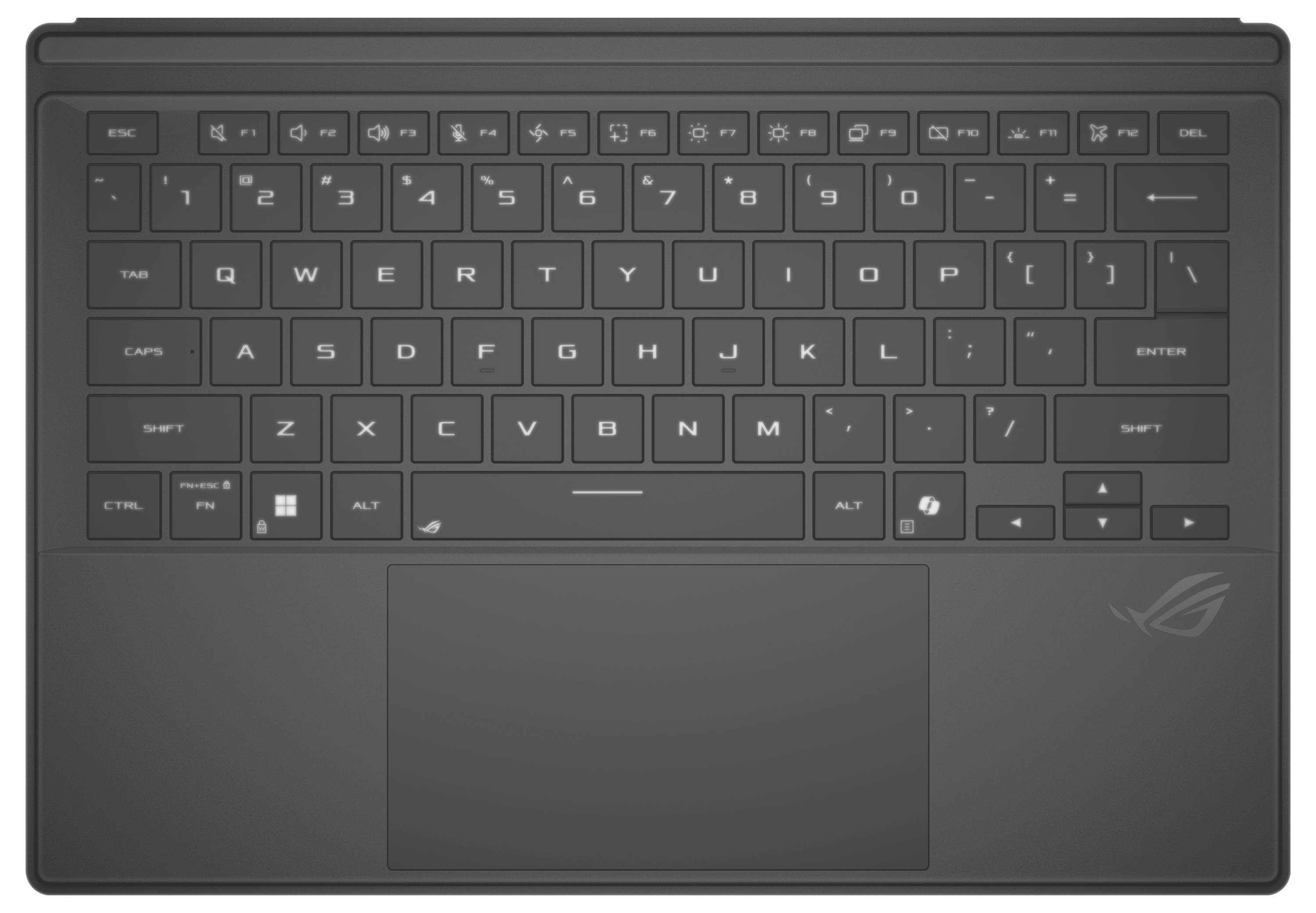 Laptop-Tastatur mit schwarzen Tasten, einschließlich Funktionstasten und einem Touchpad darunter. Keine sichtbaren Texte oder Beschriftungen auf dem Gerät.