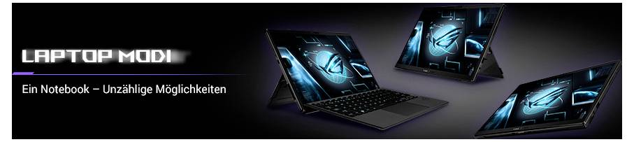 'Laptop-Modus' mit drei Laptops, die eine blaue futuristische Benutzeroberfläche anzeigen, demonstriert Vielseitigkeit und zahlreiche Möglichkeiten. Text: 'Ein Notebook – Unzählige Möglichkeiten'.