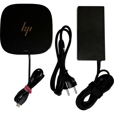 HP Dockingstation mit Ladekabel und Netzteil, ausgestattet mit USB-C-Anschluss und europäischem Stecker.