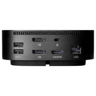 Eine schwarze Computer-Dockingstation mit mehreren Anschlüssen, darunter HDMI, Ethernet, USB und DisplayPort, zum Anschluss verschiedener Geräte.