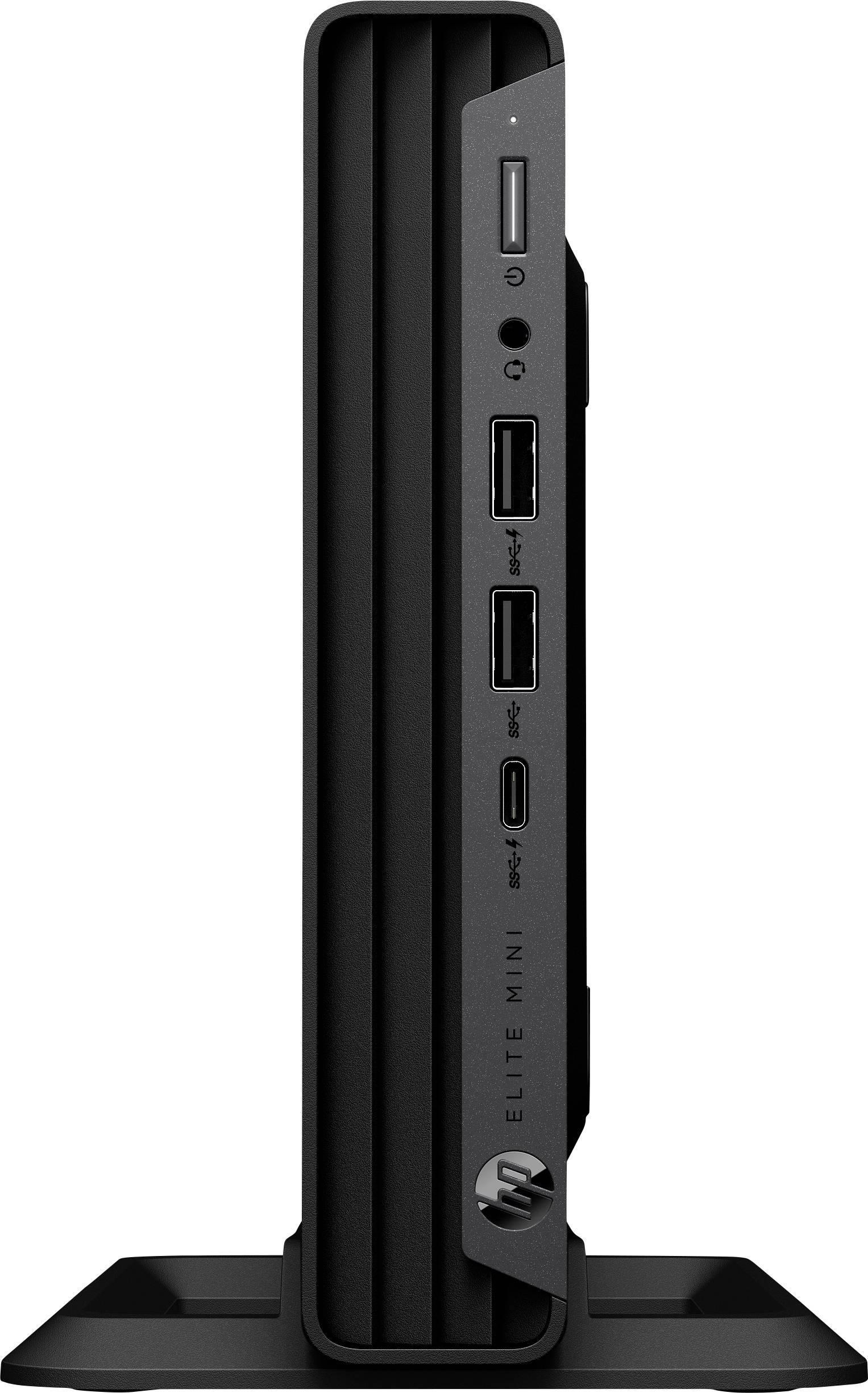 Ein kompakter schwarzer Desktop-Computerturm steht aufrecht auf einer Basis, mit sichtbaren USB-Anschlüssen und einem Einschaltknopf auf der Frontblende.