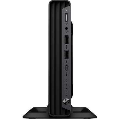 Ein kompakter schwarzer Desktop-Computerturm steht aufrecht auf einer Basis, mit sichtbaren USB-Anschlüssen und einem Einschaltknopf auf der Frontblende.
