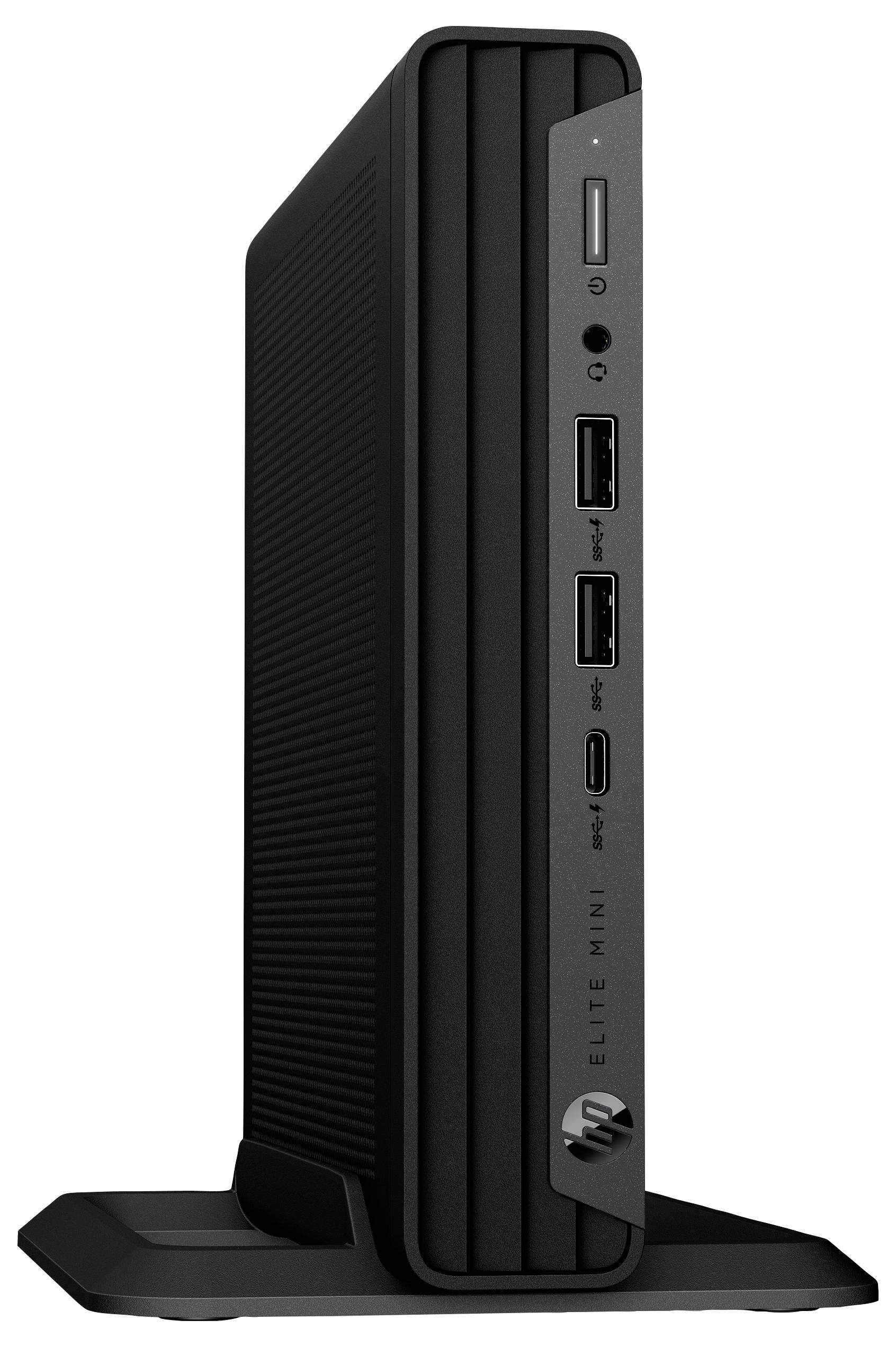 Ein schlanker schwarzer Mini-Desktop-Computer, der vertikal auf einer kleinen Basis steht, mit mehreren Anschlüssen an der Vorderseite, darunter USB-Ports und ein Einschaltknopf.