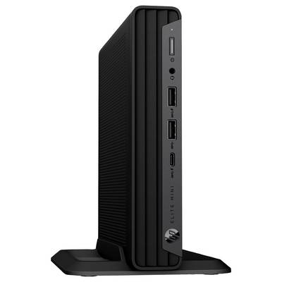Ein schlanker schwarzer Mini-Desktop-Computer, der vertikal auf einer kleinen Basis steht, mit mehreren Anschlüssen an der Vorderseite, darunter USB-Ports und ein Einschaltknopf.