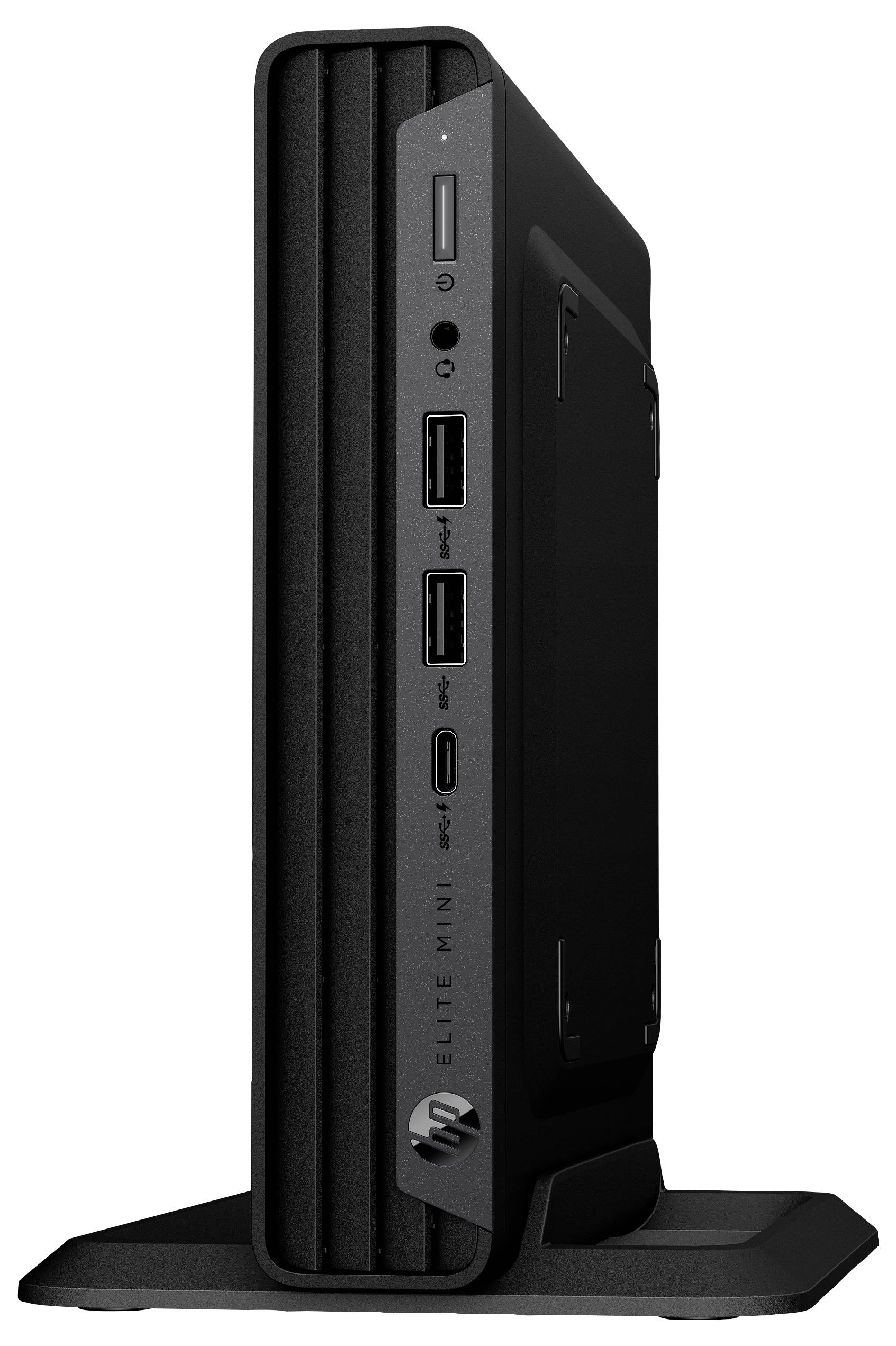 Ein kompakter, schwarzer Desktop-Computer, der vertikal steht. Er verfügt über mehrere USB-Anschlüsse an der Vorderseite und ein Lüftungsgitter-Design, das moderne und effiziente Gestaltung betont.