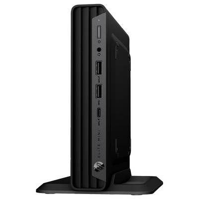 Ein kompakter, schwarzer Desktop-Computer, der vertikal steht. Er verfügt über mehrere USB-Anschlüsse an der Vorderseite und ein Lüftungsgitter-Design, das moderne und effiziente Gestaltung betont.