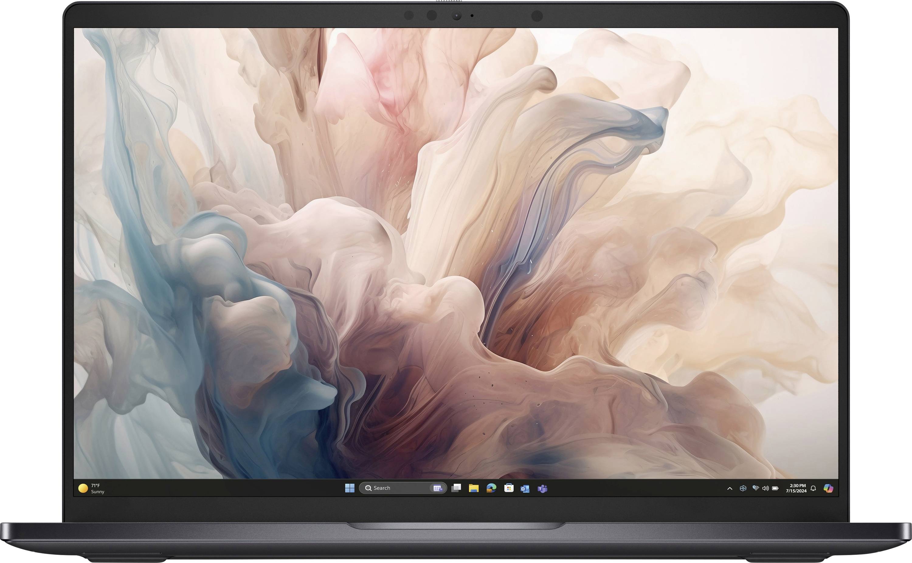 Ein Laptop, der ein abstraktes, mehrfarbiges, wolkenartiges Muster auf seinem Bildschirm zeigt und Kreativität oder einen Fokus auf digitale Kunst andeutet.