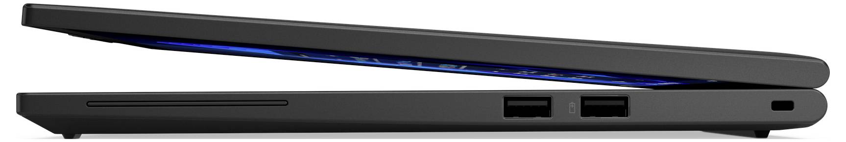 Ein schwarzer Laptop, halb geschlossen, von der Seite betrachtet, mit einer leuchtend blauen Kante und mehreren USB-Anschlüssen.