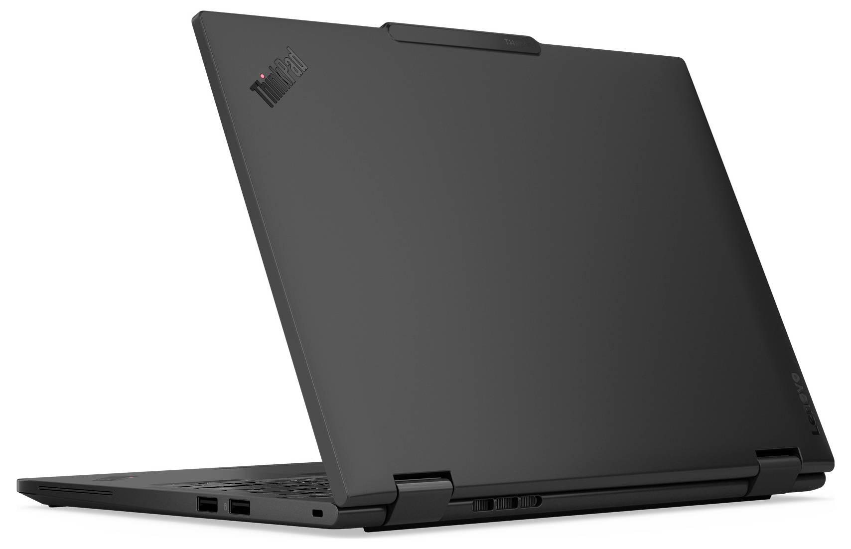 Ein schwarzer Laptop, teilweise geöffnet, der seinen Rücken mit einem Logo in der Ecke zeigt. Der Laptop hat auf beiden Seiten sichtbare Scharniere.