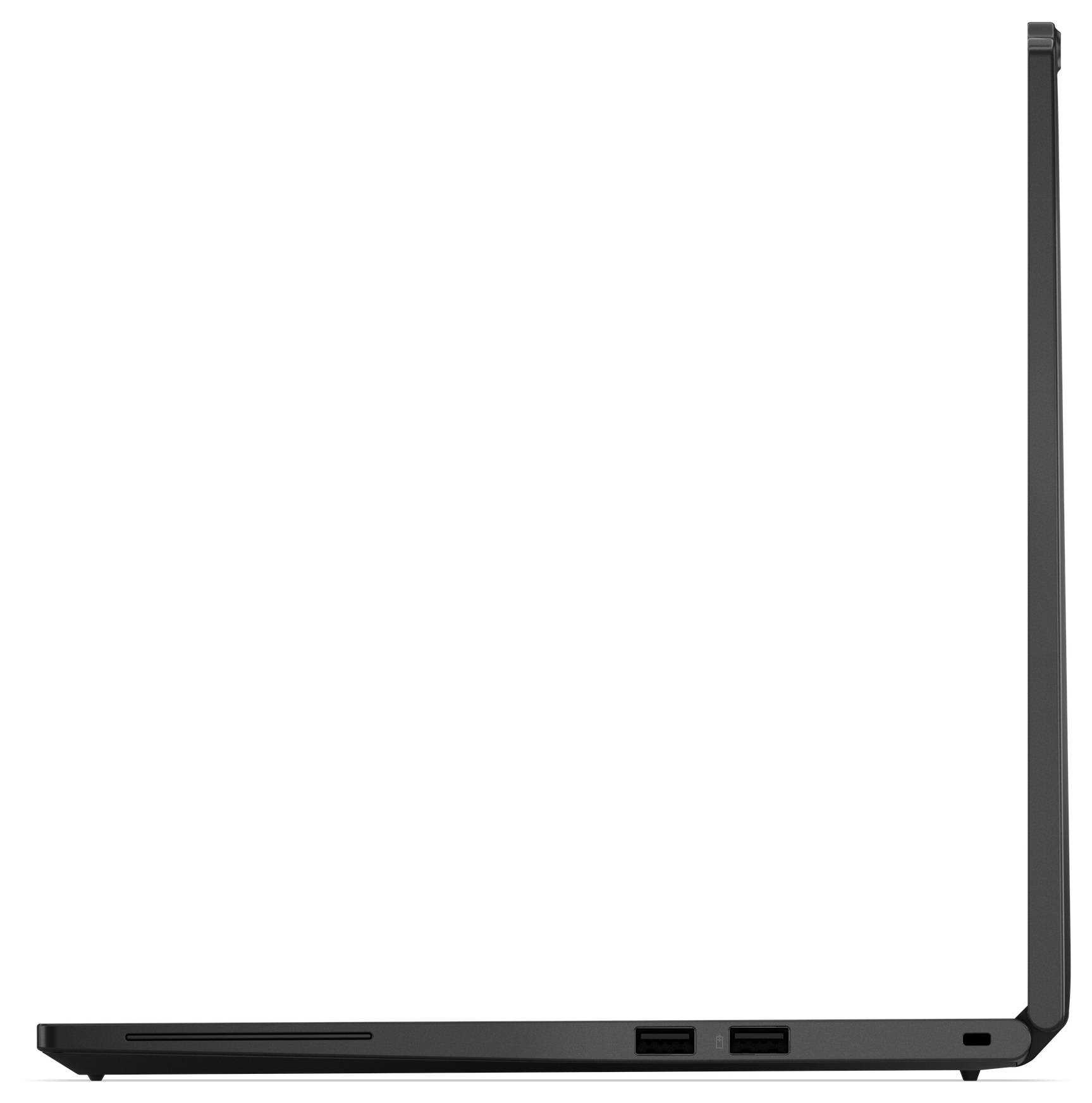 Geöffneter schwarzer Laptop, von der Seite gezeigt, wobei sein schlankes Profil und zwei USB-Anschlüsse hervorgehoben werden.