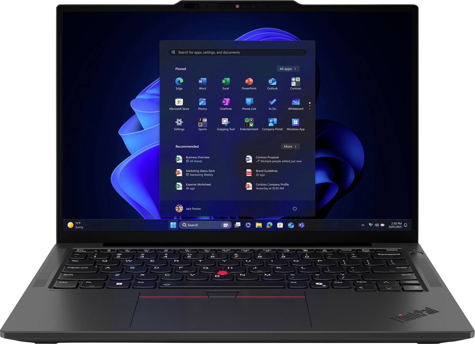 Ein schwarzer Laptop mit einem Bildschirm, der das Windows 11 Startmenü zeigt, mit verschiedenen App-Symbolen auf einem blauen abstrakten Hintergrund.