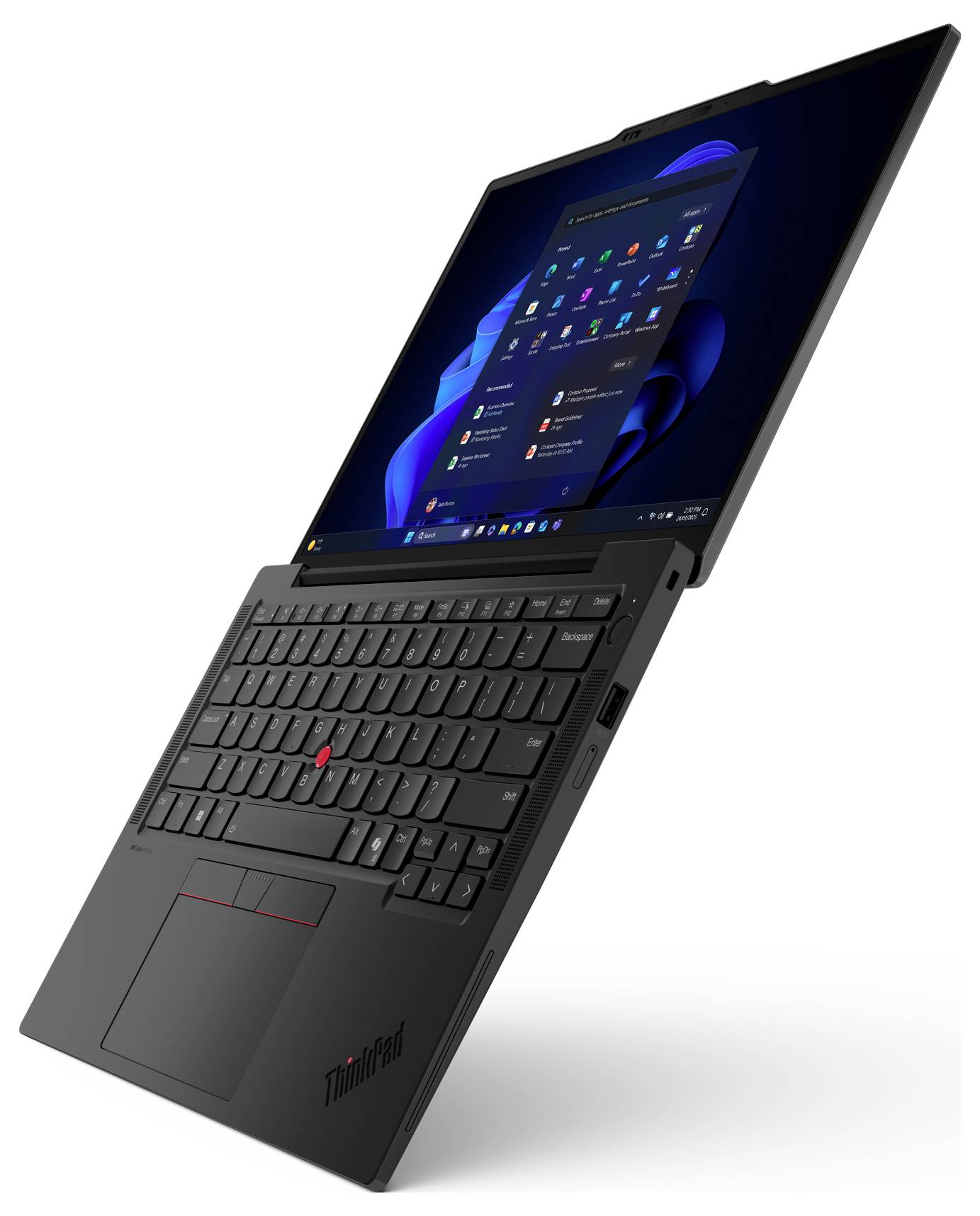 Ein teilweise geöffneter schwarzer Laptop mit einer sichtbaren Tastatur und einem Bildschirm, auf dem eine Desktop-Benutzeroberfläche mit Anwendungssymbolen zu sehen ist.