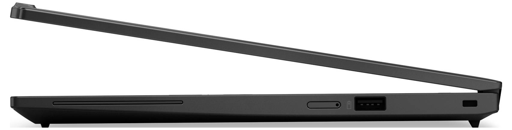 Ein teilweise geöffneter Laptop, von der Seite betrachtet, der ein schlankes Design mit sichtbaren Anschlüssen und einem leicht geneigten Bildschirm zeigt.