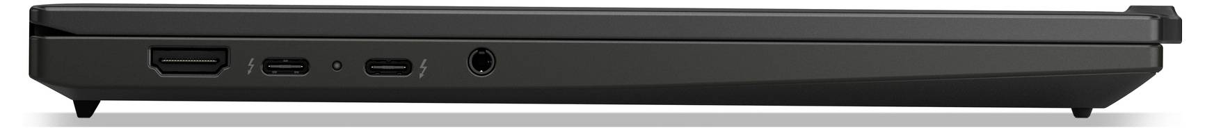 Ein geschlossener schwarzer Laptop von der Seite, der verschiedene Anschlüsse wie HDMI, USB-C, USB-A und einen Kopfhörerbuchse zeigt.