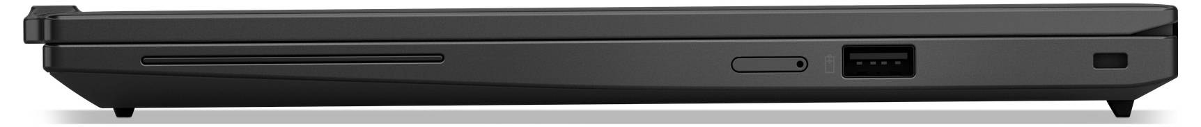 Seitenansicht eines geschlossenen Laptops, die Anschlüsse wie einen USB-Anschluss und einen Schlitz zeigt. Das Design wirkt kompakt und schlicht, mit matter Oberfläche.