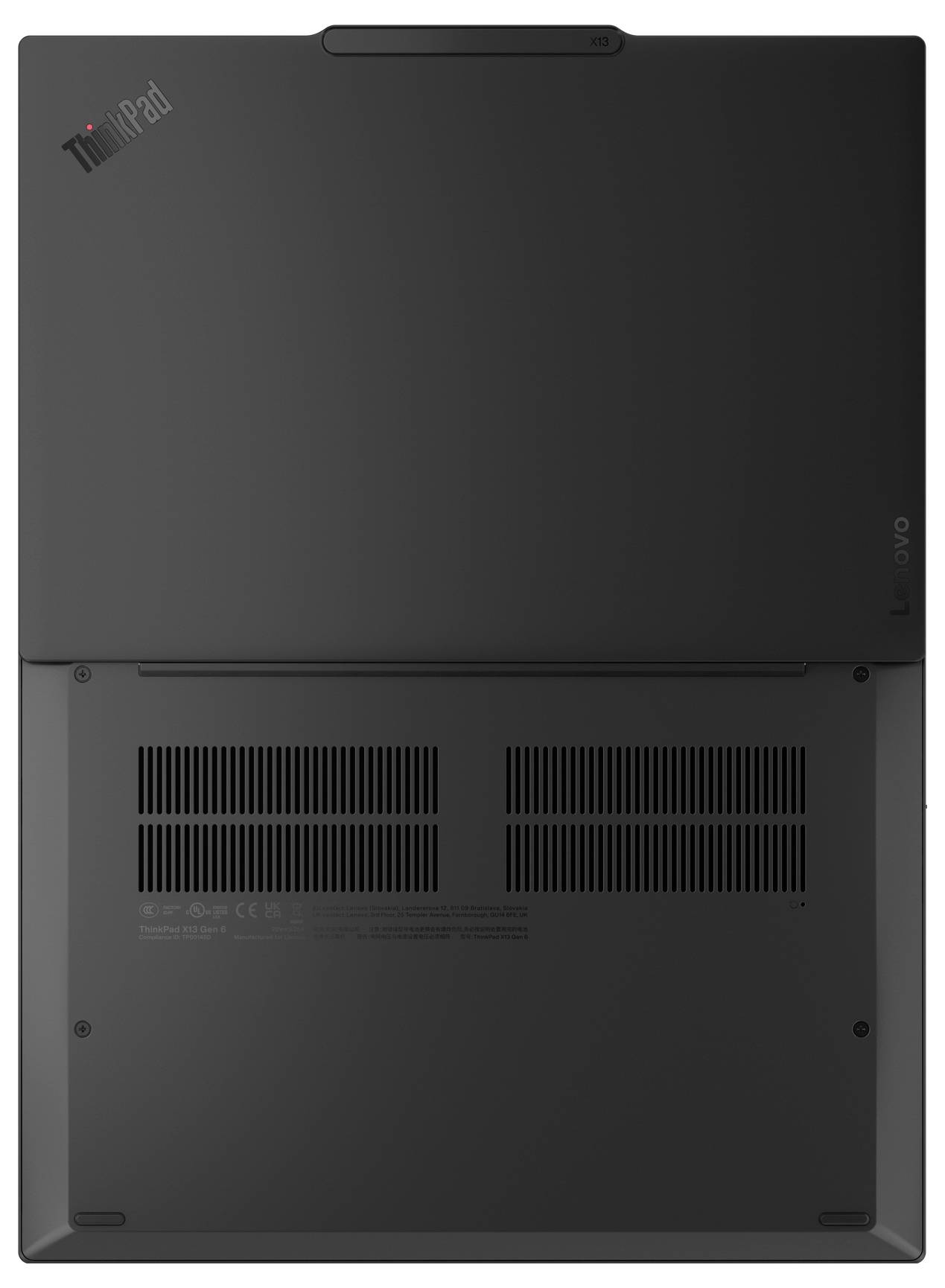 Ein Laptop von oben gesehen, mit einem durchgehend schwarzen Design, einem sichtbaren Lüftungspanel an der Unterseite und einem kleinen 'ThinkPad' Logo oben links.