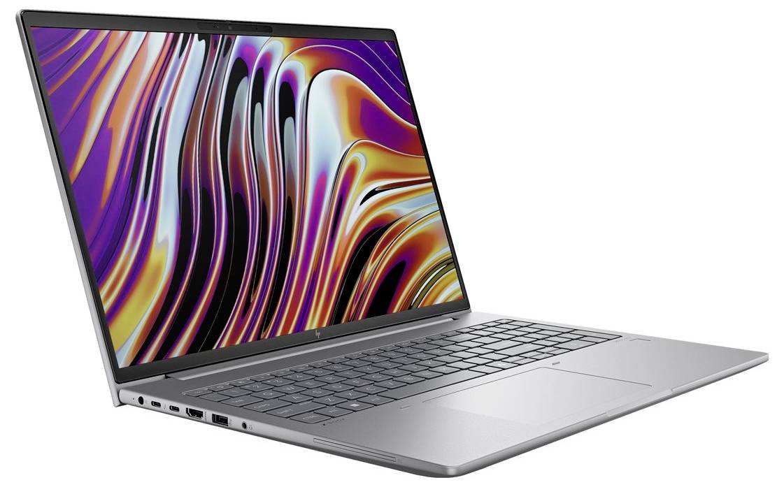 Ein schlanker silberner Laptop mit einem lebhaften, abstrakten Bildschirmdesign, das sich mit wirbelnden Farben präsentiert, von einem Winkel aus betrachtet, wobei Tastatur und Anschlüsse sichtbar sind.