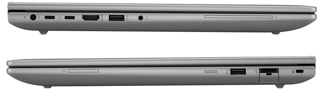 Seitenansicht zum Vergleich zweier Laptops mit verschiedenen Anschlüssen wie USB, HDMI, Ethernet und Audioanschlüssen auf silbernen Gehäusen.