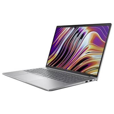 Ein schlanker silberner Laptop ist geöffnet und zeigt ein farbenfrohes abstraktes Muster auf seinem Bildschirm, ausgestattet mit einer kompakten Tastatur und dünnem Design.