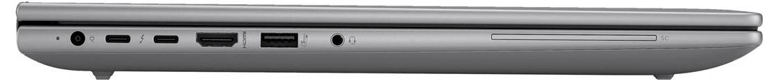 Seitenansicht eines geschlossenen Laptops mit mehreren Anschlüssen, darunter USB-C, USB-A, Ethernet, HDMI und Kopfhörerbuchse sowie ein Steckplatz für ein optisches Laufwerk.