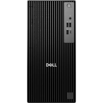 Ein schwarzer Dell-Desktop-Computerturm mit vertikalen Linien, ausgestattet mit einem Einschaltknopf, USB-Anschlüssen und einem optischen Laufwerk auf der Frontplatte.